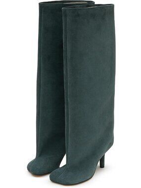 Women's Green Knee High Boots Suede Wide Calf Square Toe Tall Stiletto Pull on